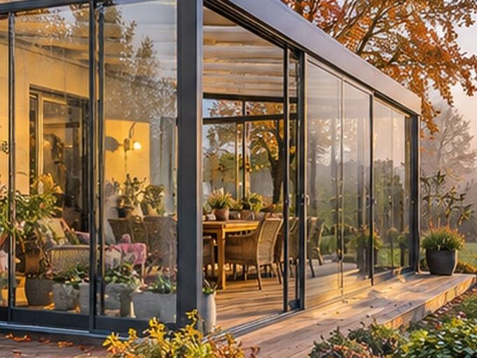 Kaltwintergarten mit Glasschiebewänden an einer Terrasse im Herbst
