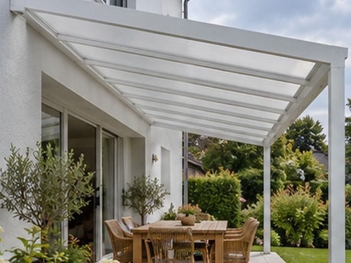 Terrassenüberdachung aus Aluminium mit Polycarbonat-Stegplatten an einem Einfamilienhaus